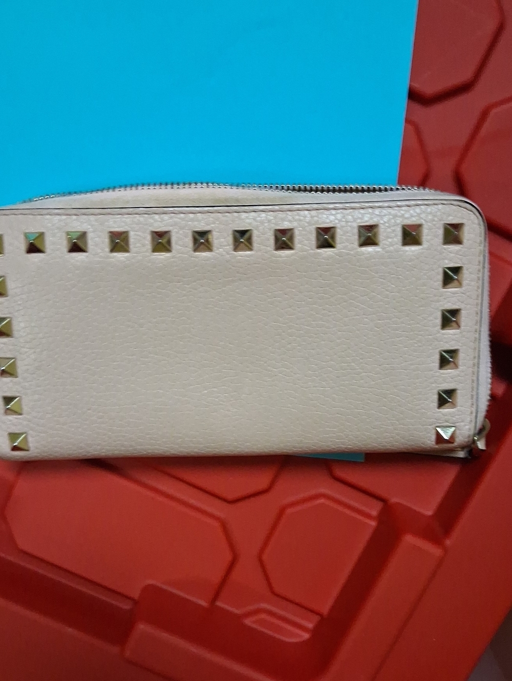 Valentino Cream Leather Zip Wallet with Gold Studs